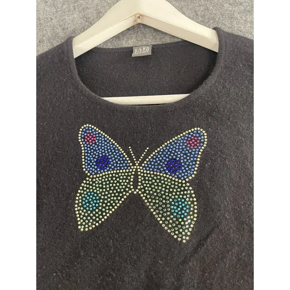 Saks Fifth Avenue Sweater Women Medium Black 100% Cashmere Butterfly Beaded N193